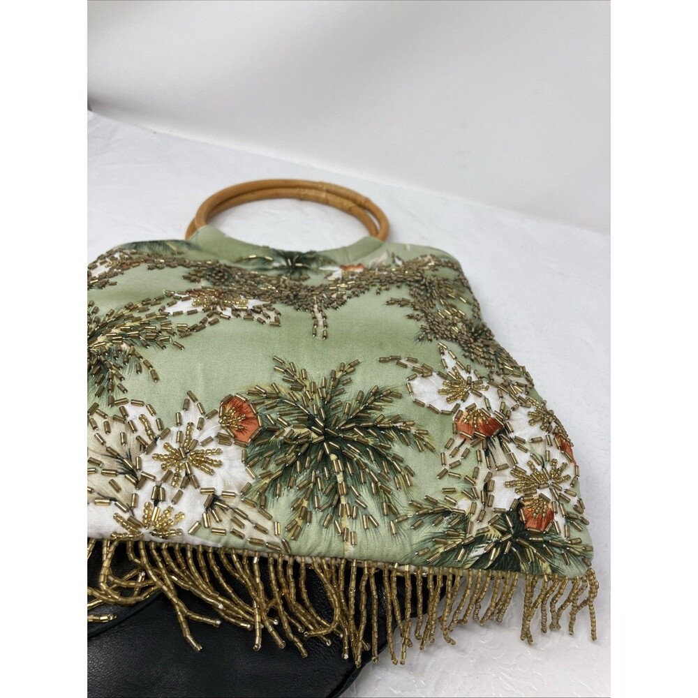 1960s 70s Beaded Bag Bamboo Handles Purse Fringe BEACHY Vacation BOHO Retro - Picture 10 of 11